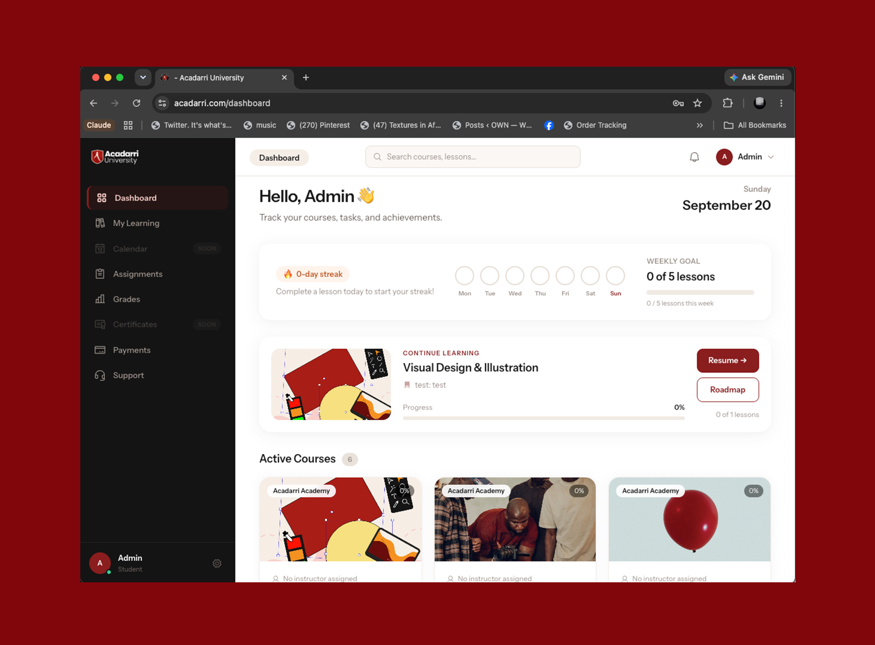 Acadarri University dashboard